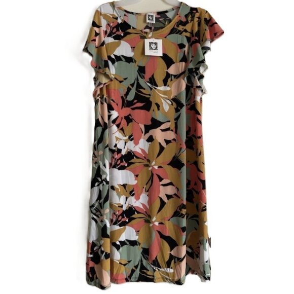 Anne Klein Coral Multi Color Flutter Sleeve Tropical Flower Dress - Picture 2 of 16